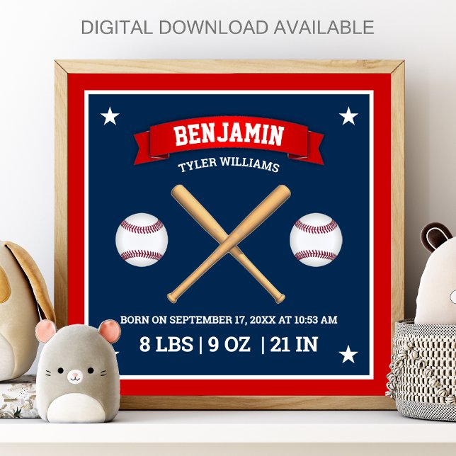 Red and Blue Baseball Bats and Balls Birth Stats Poster (Creator Uploaded)