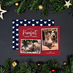 Red and Blue Cat Face Purrfect Holiday Photo Card