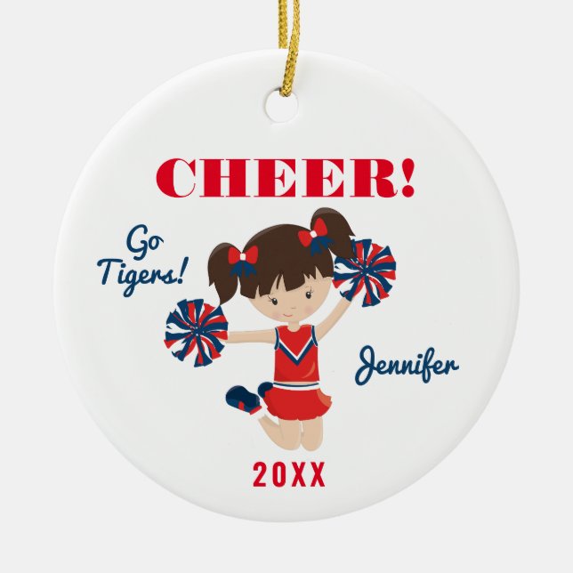 Red and Blue Cheer Brunette Cheerleader Ornament (Front)