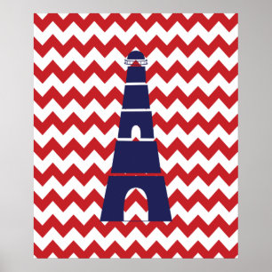 Red and Blue Chevron Nautical Lighthouse Poster