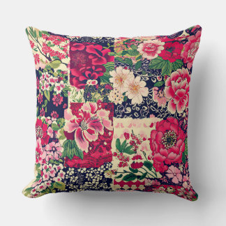 Red and Blue Chinese Patchwork Floral Cushion