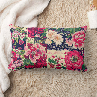 Red and Blue Chinoiserie Patchwork Lumbar Cushion