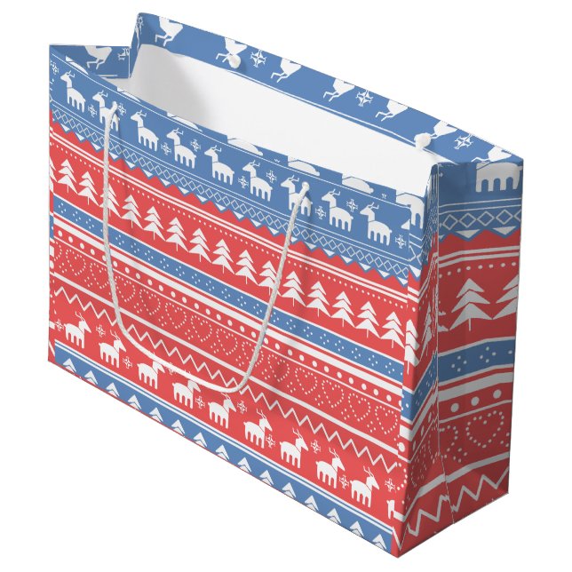 Red and Blue Christmas Geometric - Unique Pattern Large Gift Bag (Front Angled)