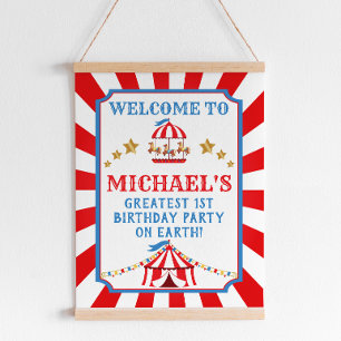 Red and Blue Circus Carnival Birthday Welcome Sign