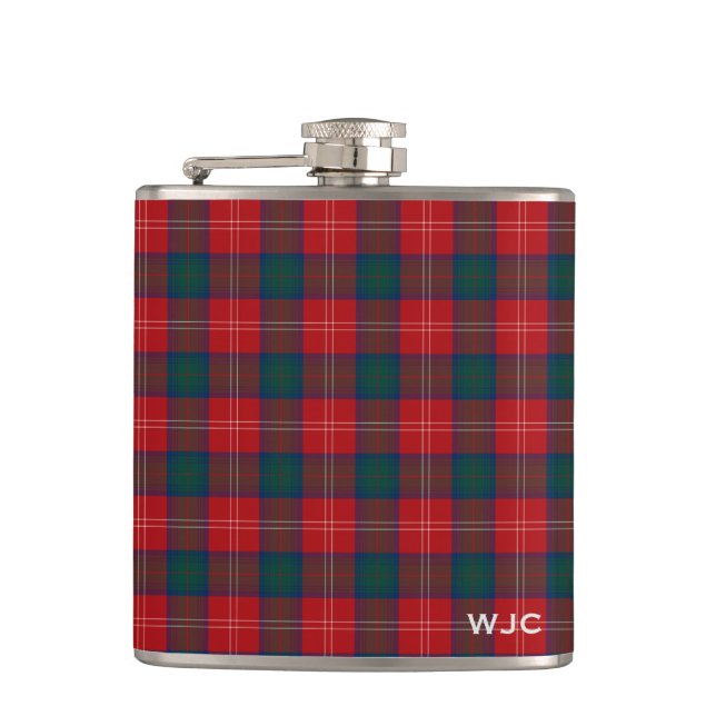 Red and Blue Clan Chisholm Tartan Monogram Hip Flask (Front)