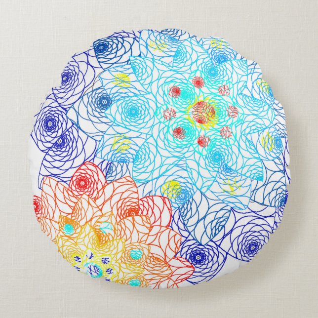 Red and Blue Colourful Floral  Round Cushion (Front)