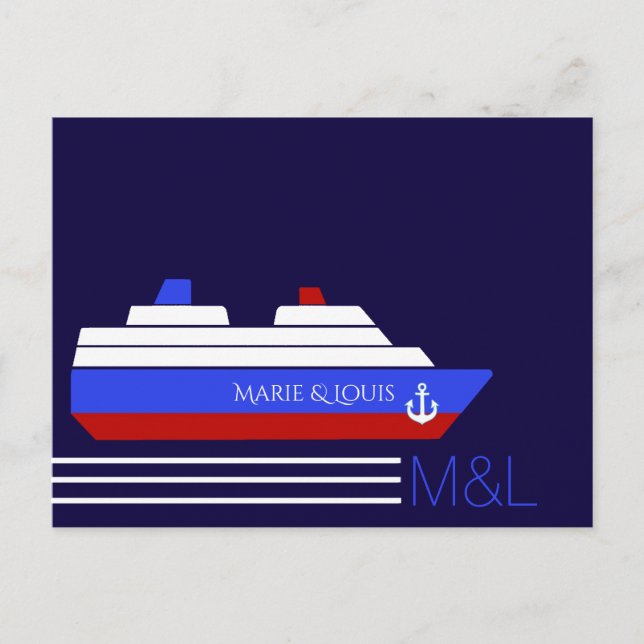 red and blue couples travel ship cruise postcard (Front)