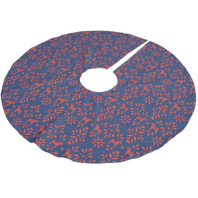 Red and Blue Dala Horse Scandinavian Pattern Brushed Polyester Tree Skirt (Angled)
