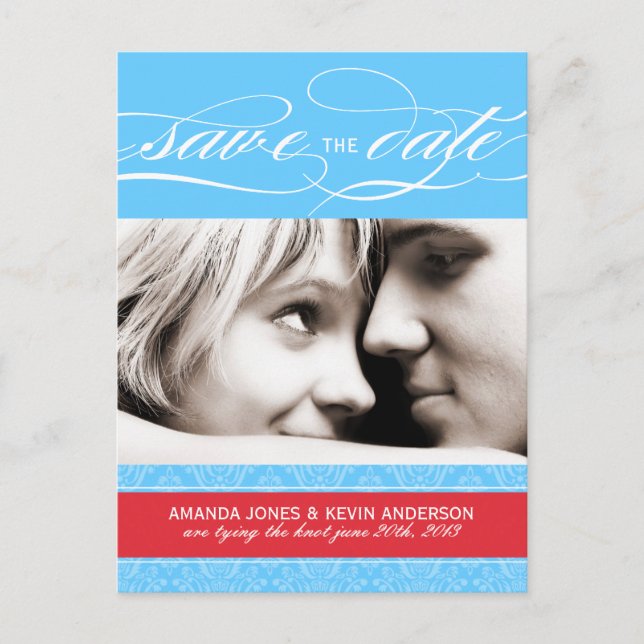 Red and Blue Damask Save the Date Announcement Postcard (Front)