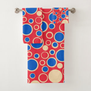 Red And Blue Dots On Red Bath Towel Set