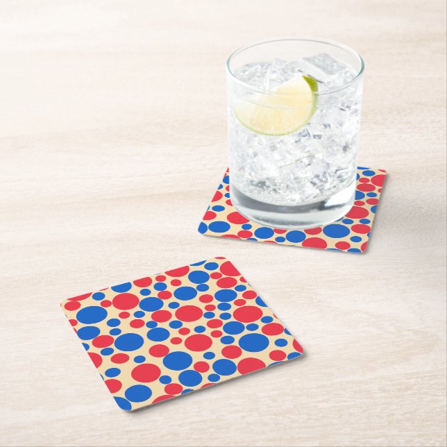 Red And Blue Dots On Tan  Square Paper Coaster (Insitu)