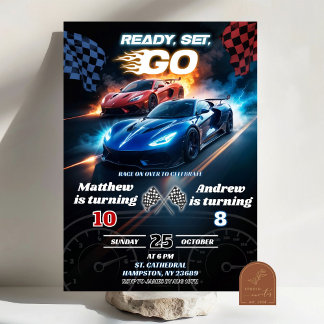 Red and Blue Fast Race Car Joint Birthday Invitation