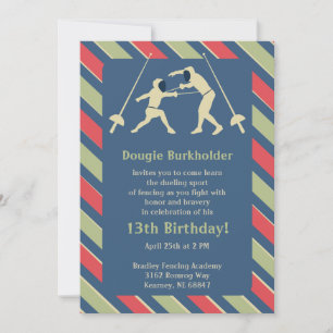 Red and Blue Fencing Birthday Party Invitation