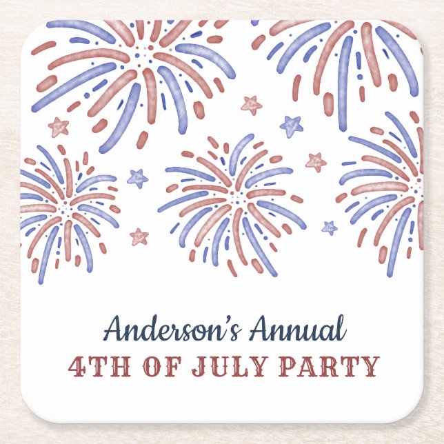 Red and Blue Fireworks 4th of July Party Square Paper Coaster (Front)