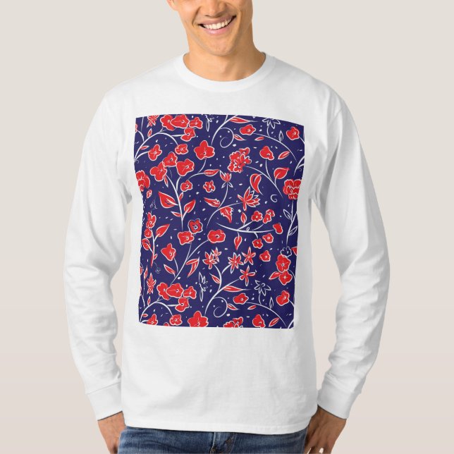 Red and Blue Floral Pattern T-Shirt (Front)
