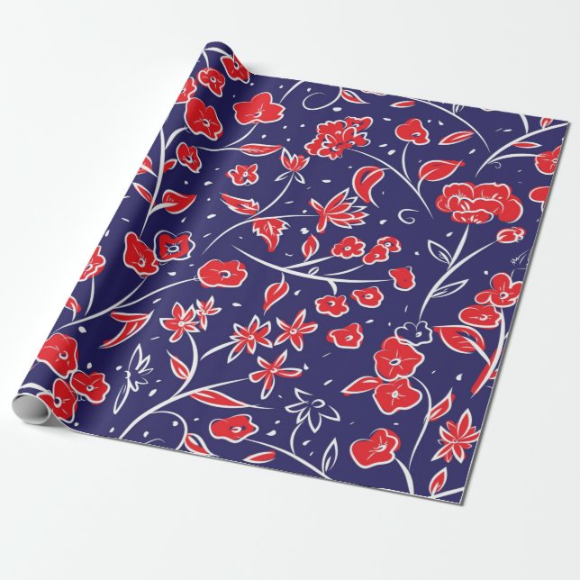 Red and Blue Floral Pattern Wrapping Paper (Unrolled)