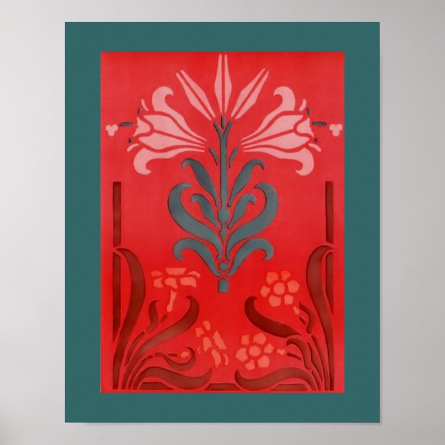 Red And Blue Floral Stencil Art  Poster (Front)