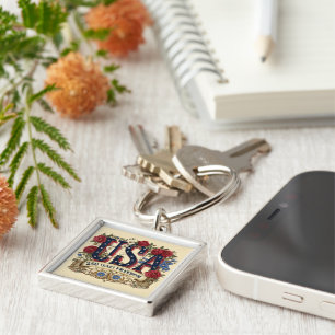 Red and Blue Floral USA 250 Years of Freedom Key Ring