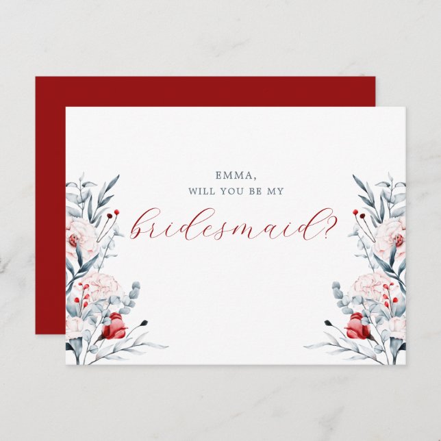 Red And Blue Flower Floral Wedding bridesmaid Card (Front/Back)