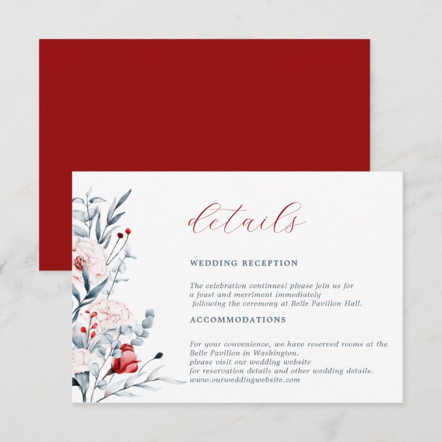 Red And Blue Flower Floral Wedding Detail Enclosure Card (Front/Back)