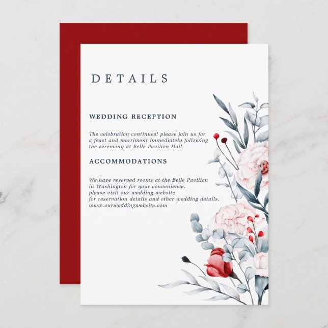 Red And Blue Flower Floral Wedding Details  Enclosure Card (Front/Back)