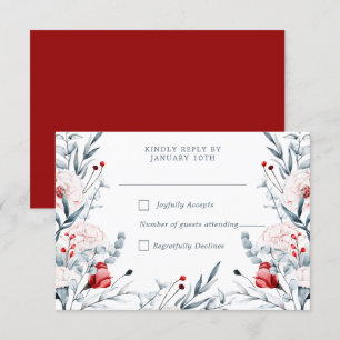 Red And Blue Flower Floral Wedding RSVP Card