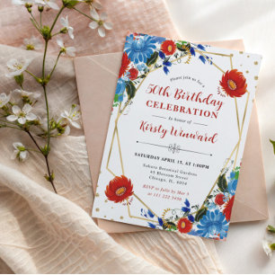Red and Blue Flowers Frame 50th Birthday Invitation