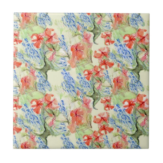 Red and Blue Flowers in Retro Style Tile (Front)