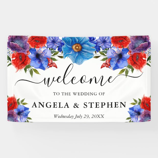 Red and Blue Flowers Wedding Welcome Banner (Horizontal)
