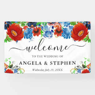 Red and Blue Flowers Wedding Welcome Banner