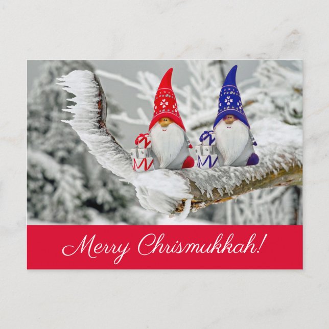 Red and Blue Fun Chrismukkah Santa Elves Photo Postcard (Front)