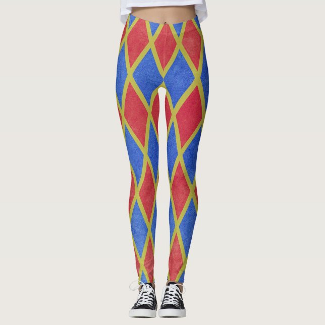 Red and blue geometric harlequin diamond pattern leggings (Front)