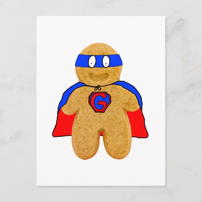 red and blue gingerbread man super hero postcard (Front)