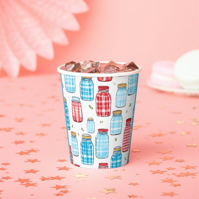 Red and Blue Gingham Mason Jar Pattern  Paper Cups (Insitu)