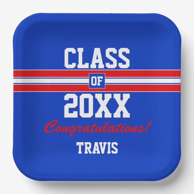  Red and Blue Graduation Custom Congratulations Paper Plate (Front)