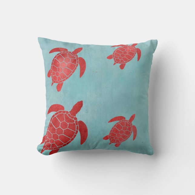 Red and Blue Green Sea Turtle Cushion (Front)