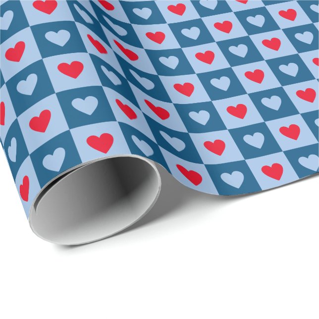 Red and Blue Hearts Chequerboard Valentine's Day Wrapping Paper (Roll Corner)
