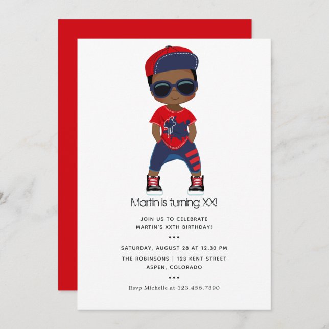 Red and Blue Hip Hop themed Boy Birthday Invitation (Front/Back)