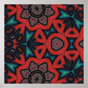 Red and Blue Kaleidoscope Mandala Floral Patterns Poster