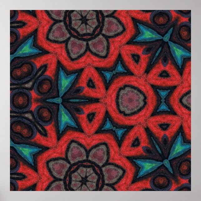 Red and Blue Kaleidoscope Mandala Floral Patterns Poster (Front)