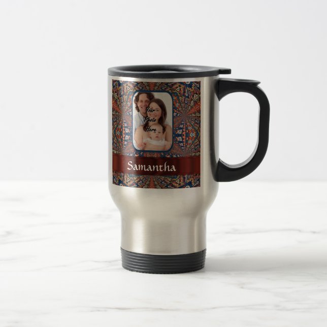 Red and blue kaleidoscope pattern travel mug (Right)