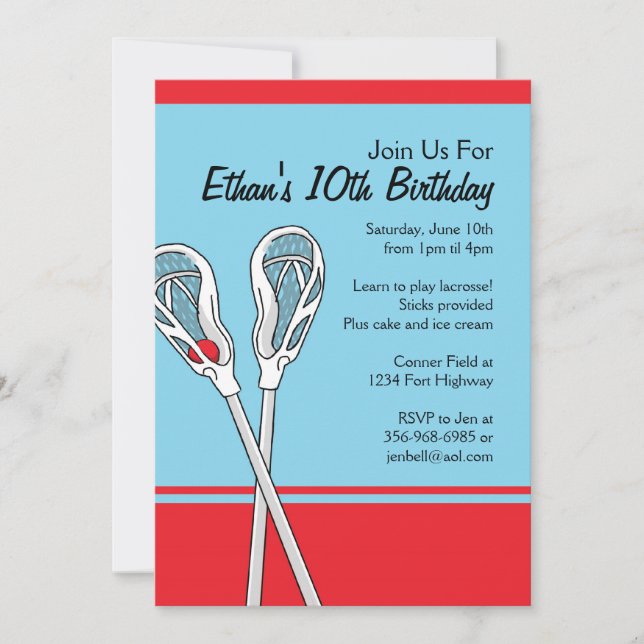 Red and Blue Lacrosse Themed Birthday Invitations. Invitation (Front)