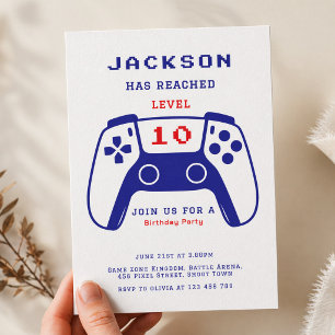 Red and Blue Level Up Gamer Boys Birthday Party Invitation