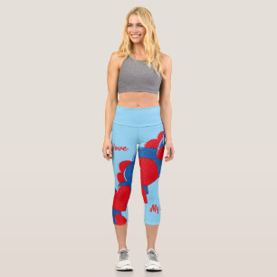 Red and Blue Love Hearts on light blue background Capri Leggings