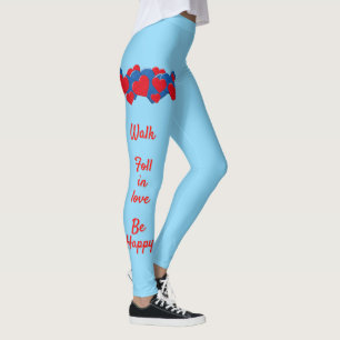 Red and Blue Love Hearts on light blue background Leggings