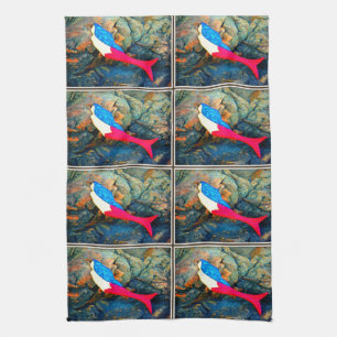 red and blue mermaids tea towel