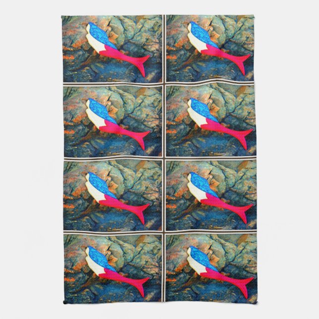 red and blue mermaids tea towel (Vertical)