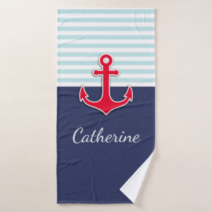Red and Blue Nautical Anchor Personalised Bath Towel