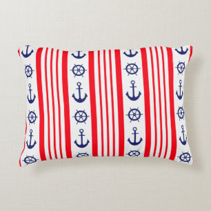 Red and Blue Nautical Anchors and Ships Wheel Decorative Cushion