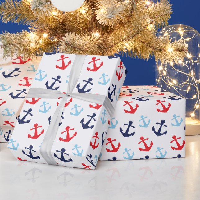 Red and Blue Nautical Anchors Pattern Wrapping Paper (Holidays)